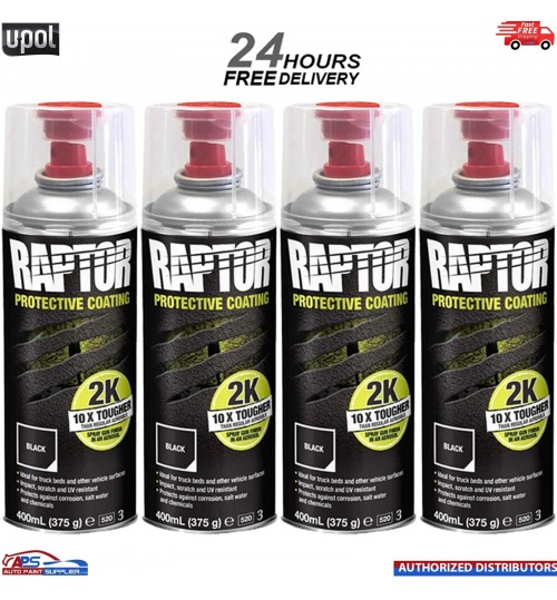 4X UPOL RAPTOR 2K TOUGH BED LINER U-POL PROTECTOR 400ML AEROSOL - BLACK